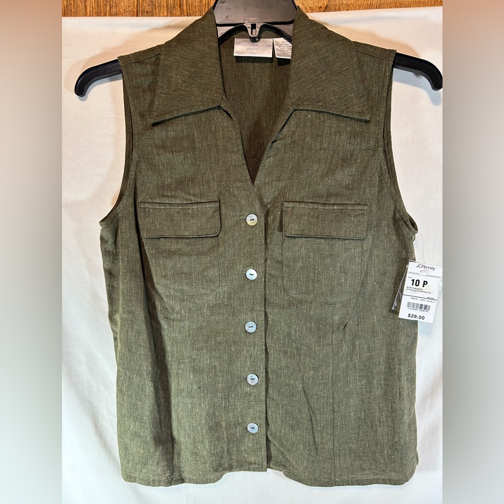Worthington Petite Green V-neck W/pockets sleeveless button down top 10P